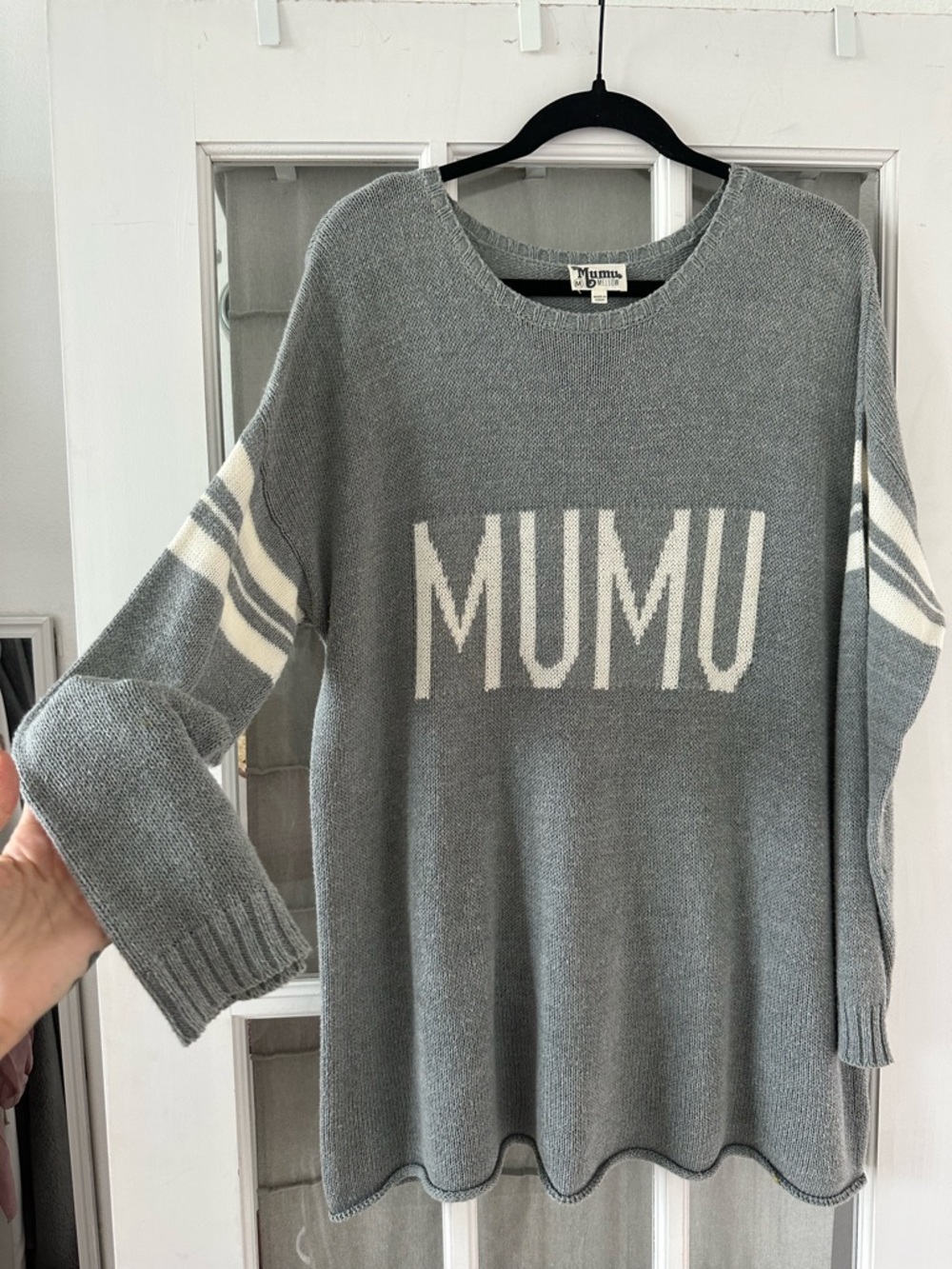 Show Me Your Mumu Gray Logo Knit Sweater Oversized Cozy Pullover